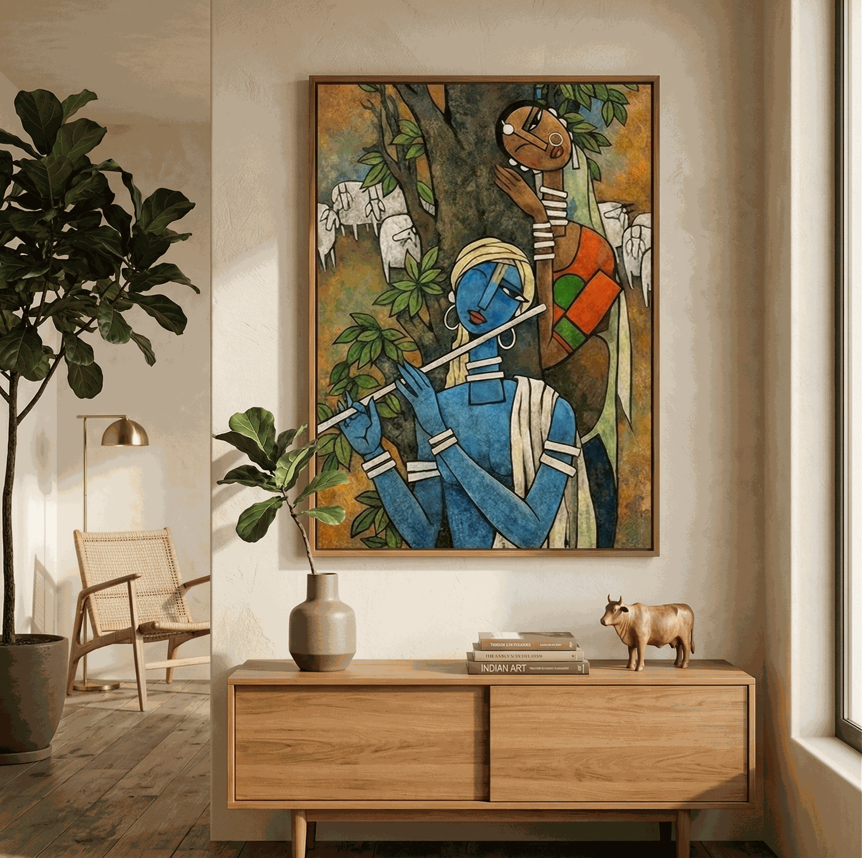 "Divine Melody" painting of Krishna playing flute, hung above a wooden console with plants.