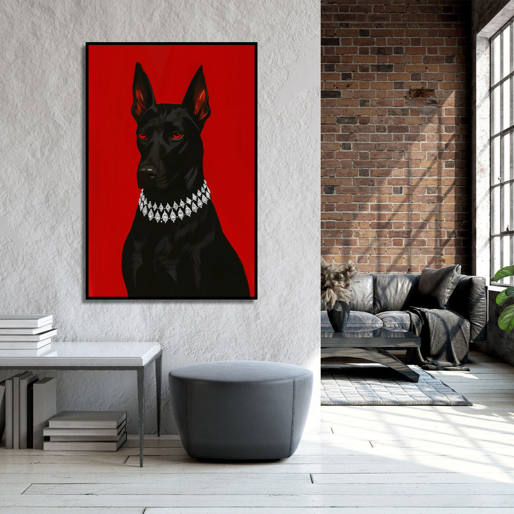 Living room with a large framed picture of a black dog on a red background.