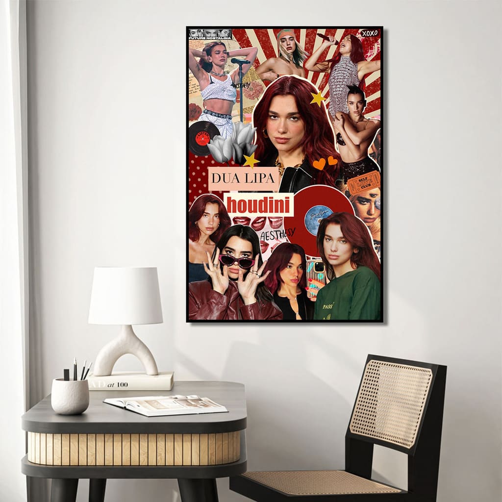 Framed poster of Dua Lipa with collage design on a wall above a desk.