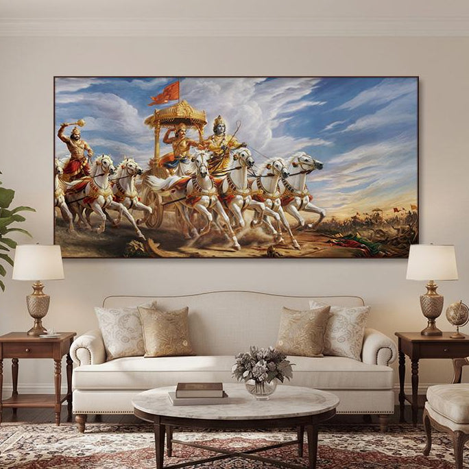 Living room with MAHABHARAT painting on the wall, sofa, chairs, and coffee table.
