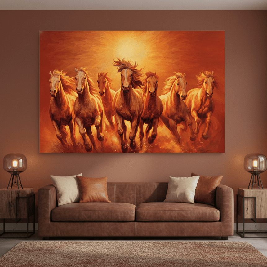 Living room with a large painting of seven running horses on an orange background, a brown sofa, and decorative lamps.
