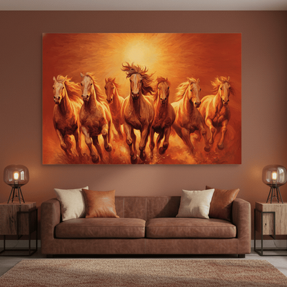 Living room with a large painting of seven running horses on an orange background, a brown sofa, and decorative lamps.