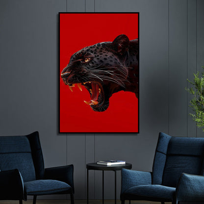 Framed artwork of a roaring panther on a red background in a modern room with blue chairs.