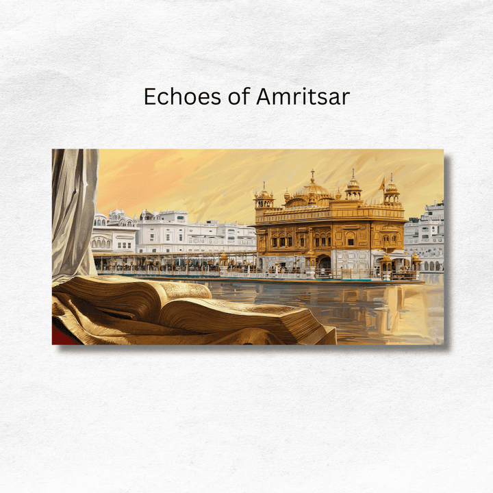"Echoes of Amritsar" painting of the Golden Temple reflected in its surrounding pool.