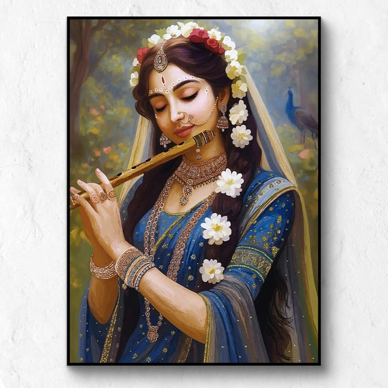 Art print of Radha ji playing a flute with flowers in her hair on a white wall.