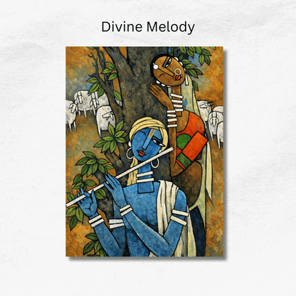 "Divine Melody" cubist-style painting of Krishna playing his flute among cows and trees.