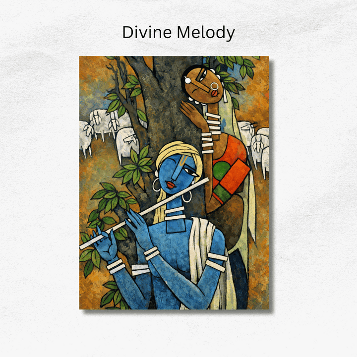 "Divine Melody" cubist-style painting of Krishna playing his flute among cows and trees.