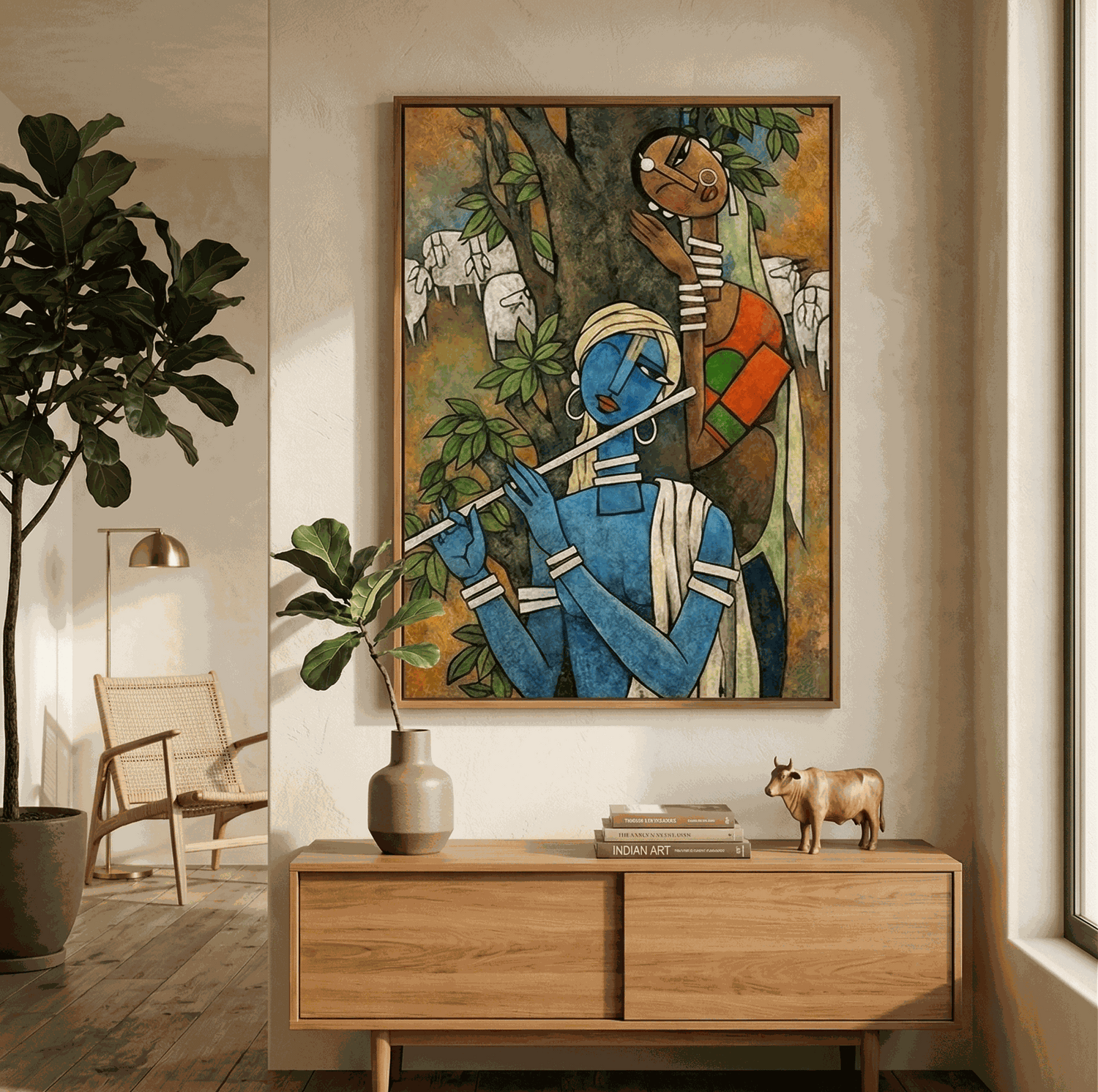 "Divine Melody" painting of Krishna playing flute, hung above a wooden console with plants.