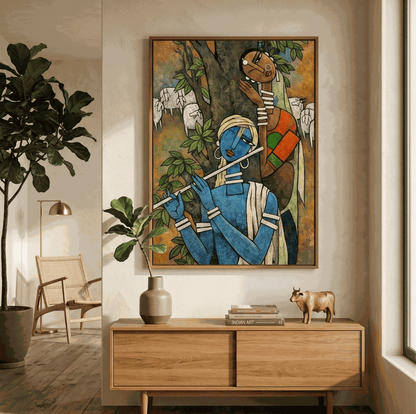 "Divine Melody" painting of Krishna playing flute, hung above a wooden console with plants.