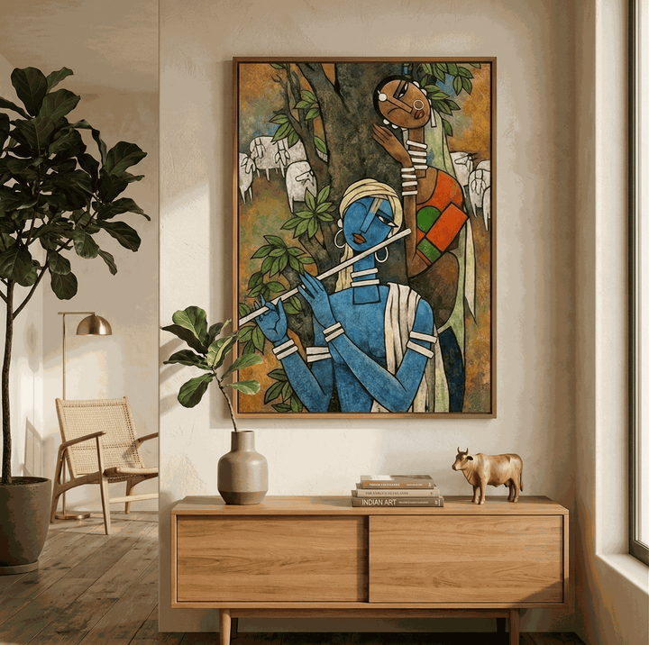 "Divine Melody" painting of Krishna playing flute, hung above a wooden console with plants.