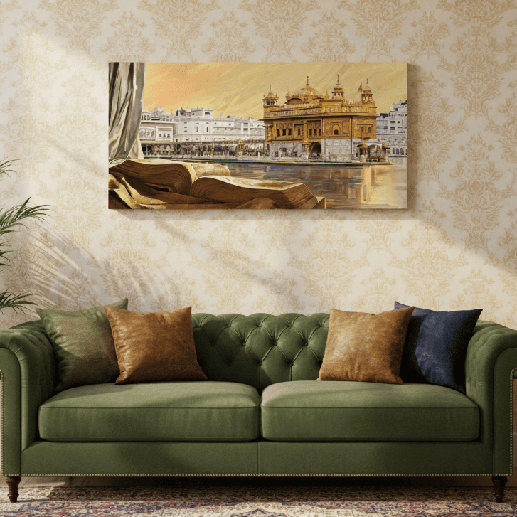 Golden Temple of Amritsar painting hanging above a green sofa with mustard pillows.