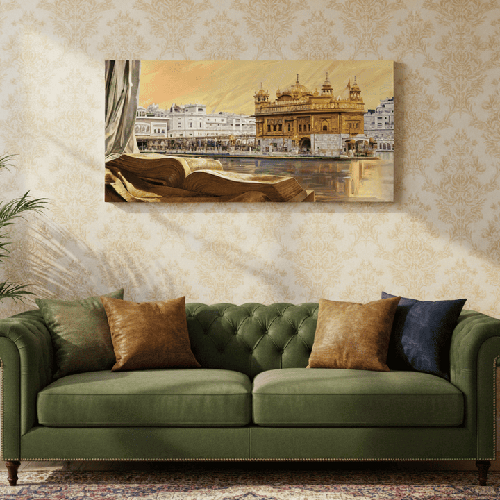 Golden Temple of Amritsar painting hanging above a green sofa with mustard pillows.