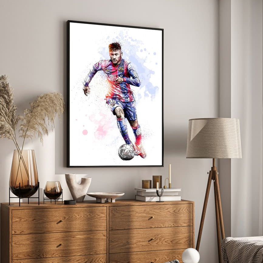 Living room with a wooden dresser, lamp, and framed artwork of a soccer player Neymar Jr.