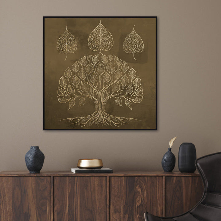 Modern interior with a wooden sideboard, black chair, and wall art of a vastu inspired golden tree canvas wall art painting
