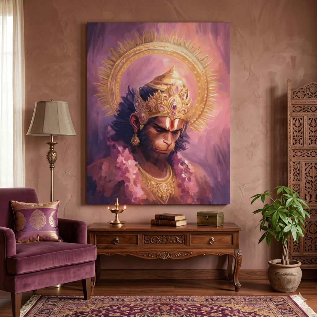 Framed Lord Hanuman canvas print in purple and gold tones, displayed above a console table in a living room.