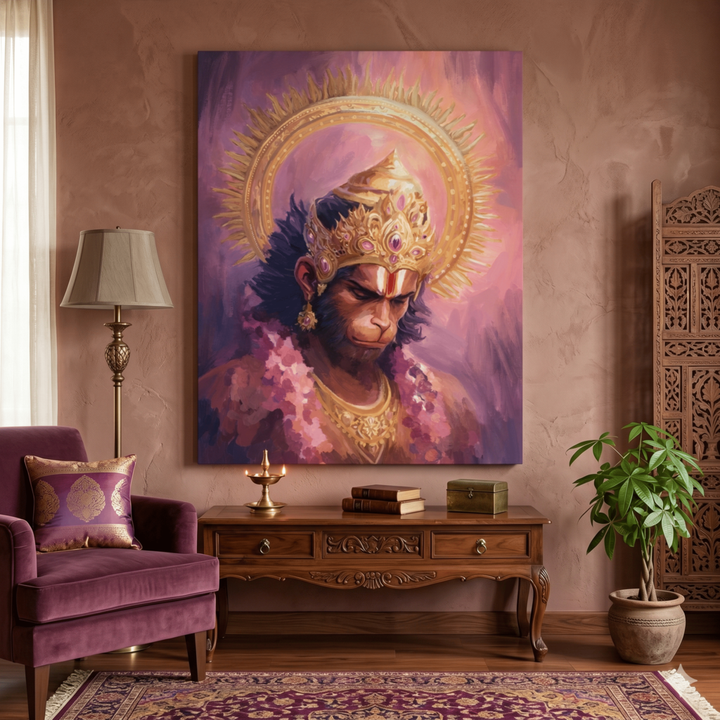 Framed Lord Hanuman canvas print in purple and gold tones, displayed above a console table in a living room.