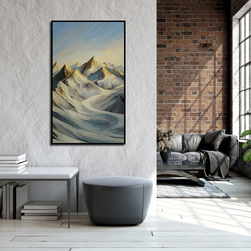 Modern living room with a mountain painting on the wall, gray sofa, and wooden floor.