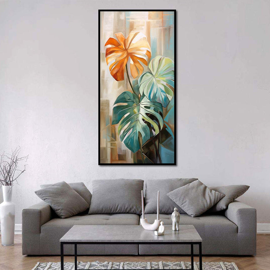 Living room with a gray sofa, coffee table, and colorful abstract leaf painting on the wall.