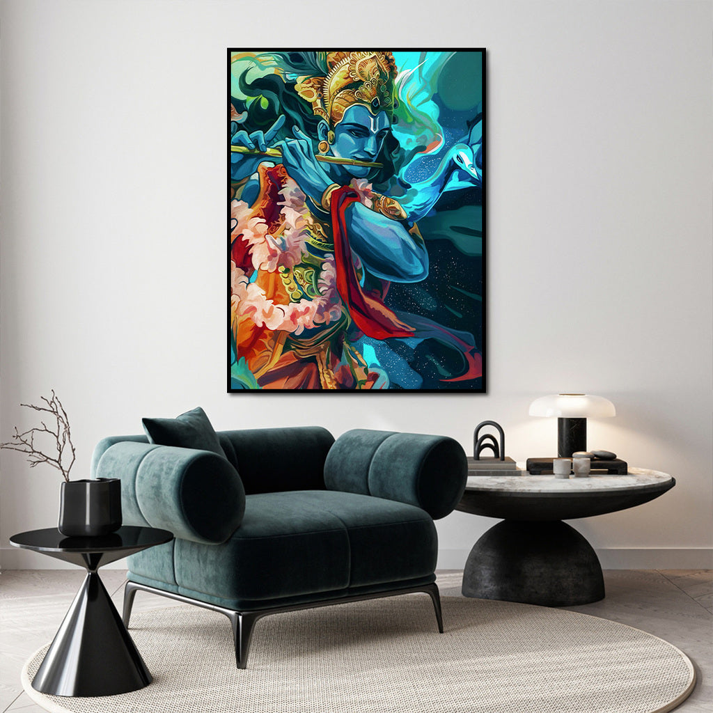 Modern living room with a teal armchair, round coffee table, and colorful painting depicting Lord Krishna on the wall.