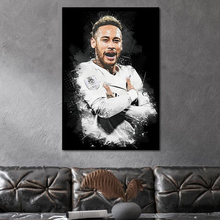 Living room with a black leather sofa, coffee table, and a large framed portrait of Neymar on the wall.