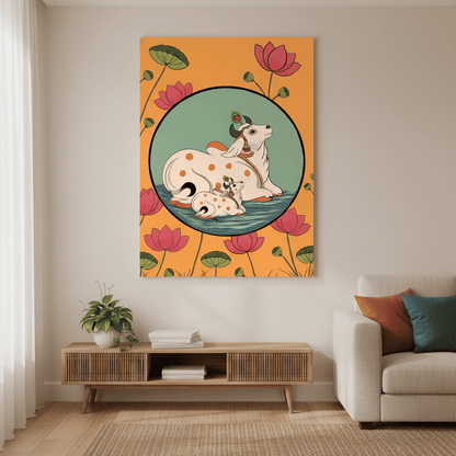 Cow and calf illustration with lotus flowers on an orange background, hung in a living room.