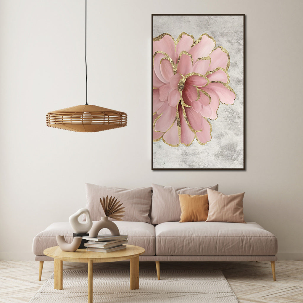 Living room with a pink floral artwork on the wall, gray sofa, and wooden coffee table.