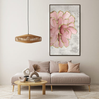 Living room with a pink floral artwork on the wall, gray sofa, and wooden coffee table.