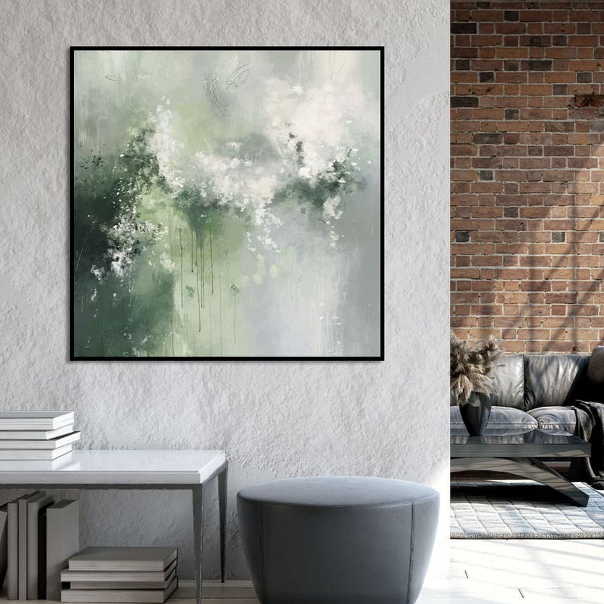 Modern living room with abstract art on the wall, gray sofa, and wooden floor.