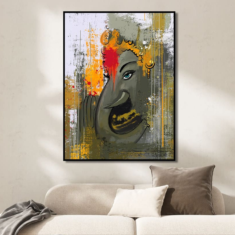 Framed abstract painting of Ganpatti bappa Lord Ganesh Ji above a sofa in a living room.