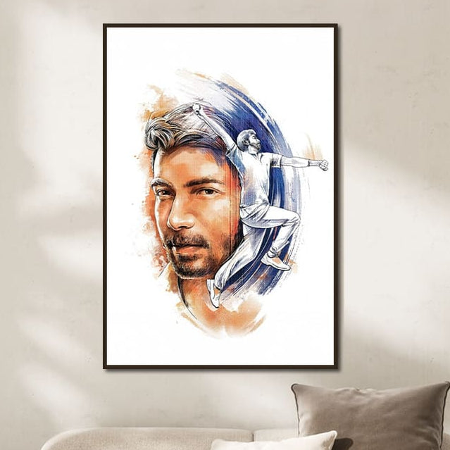 Framed artwork of Jasprit Bumrah with a headscarf above a beige sofa in a living room.