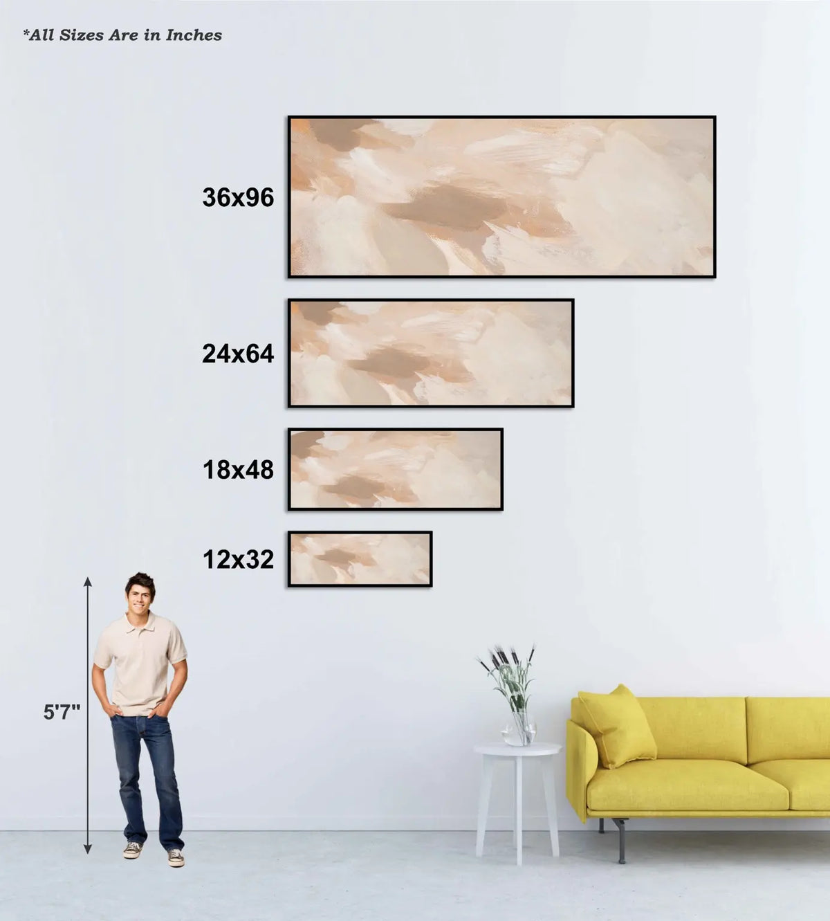 Aesthesy wide canvas size chart: 12 x 32, 18 x 48, 24 x 64 and 36 x 96 inches