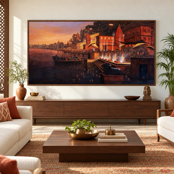 Banaras Aarti canvas artwork in an Indian living room