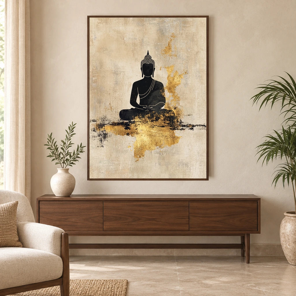 Buddha in Gold canvas wall art in a warm modern living room