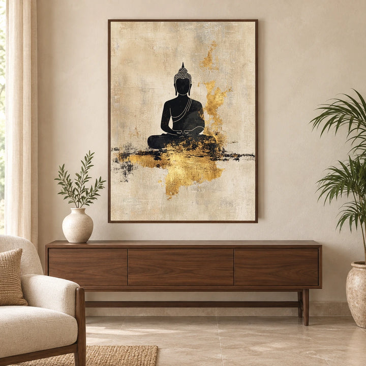 Buddha in Gold canvas wall art in a warm modern living room