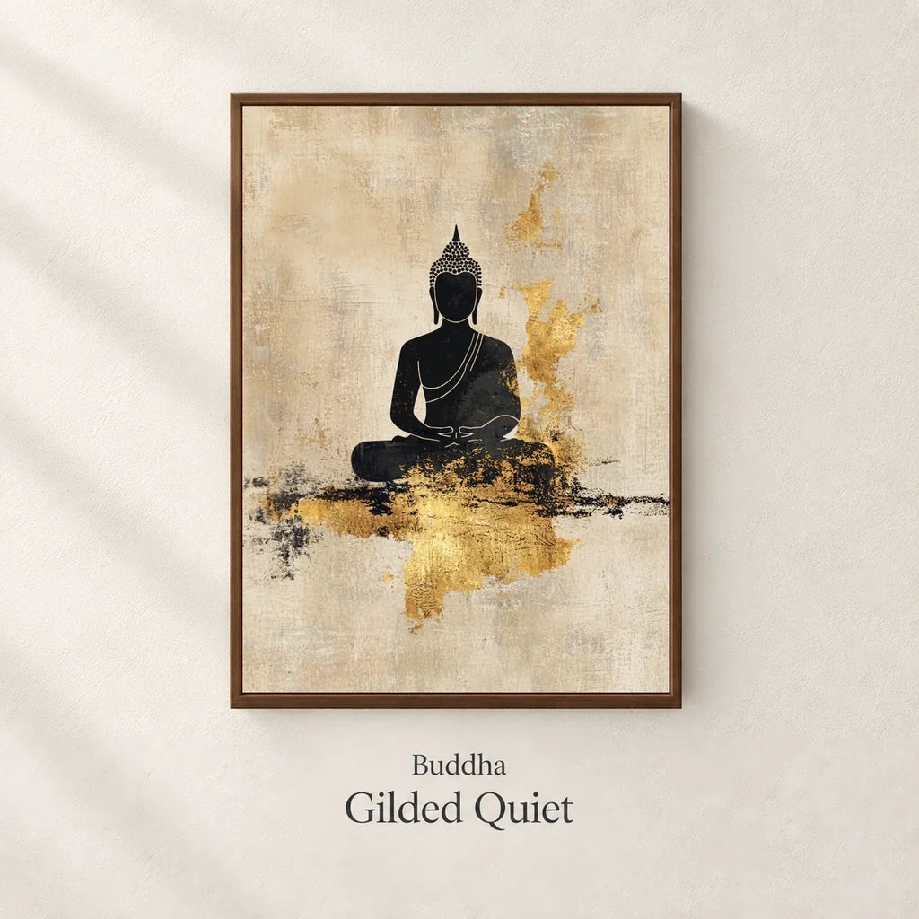 Buddha in Gold walnut framed canvas on textured white background