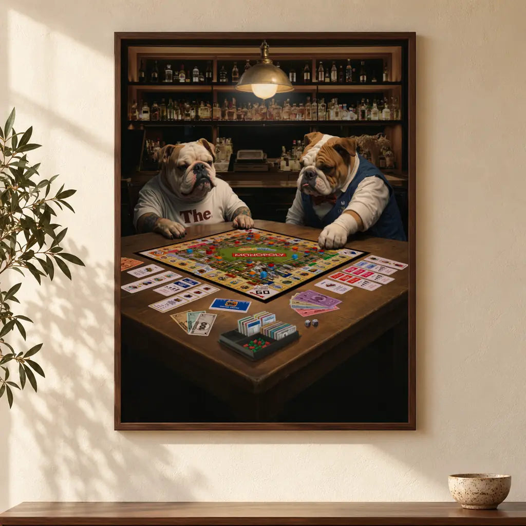 Bulldogs on Board – Two bulldogs playing Monopoly, original canvas artwork in a walnut frame in a warm lounge