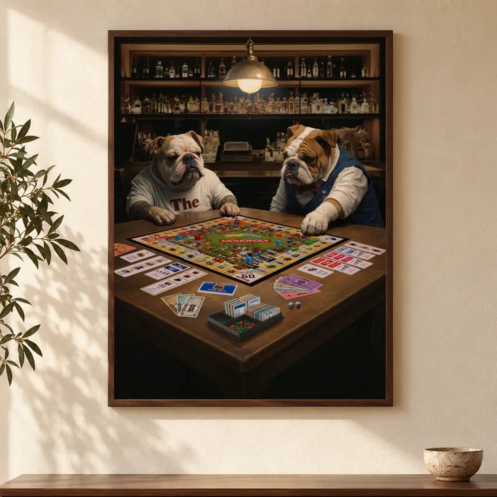 Bulldogs on Board – Two bulldogs playing Monopoly, original canvas artwork in a walnut frame in a warm lounge