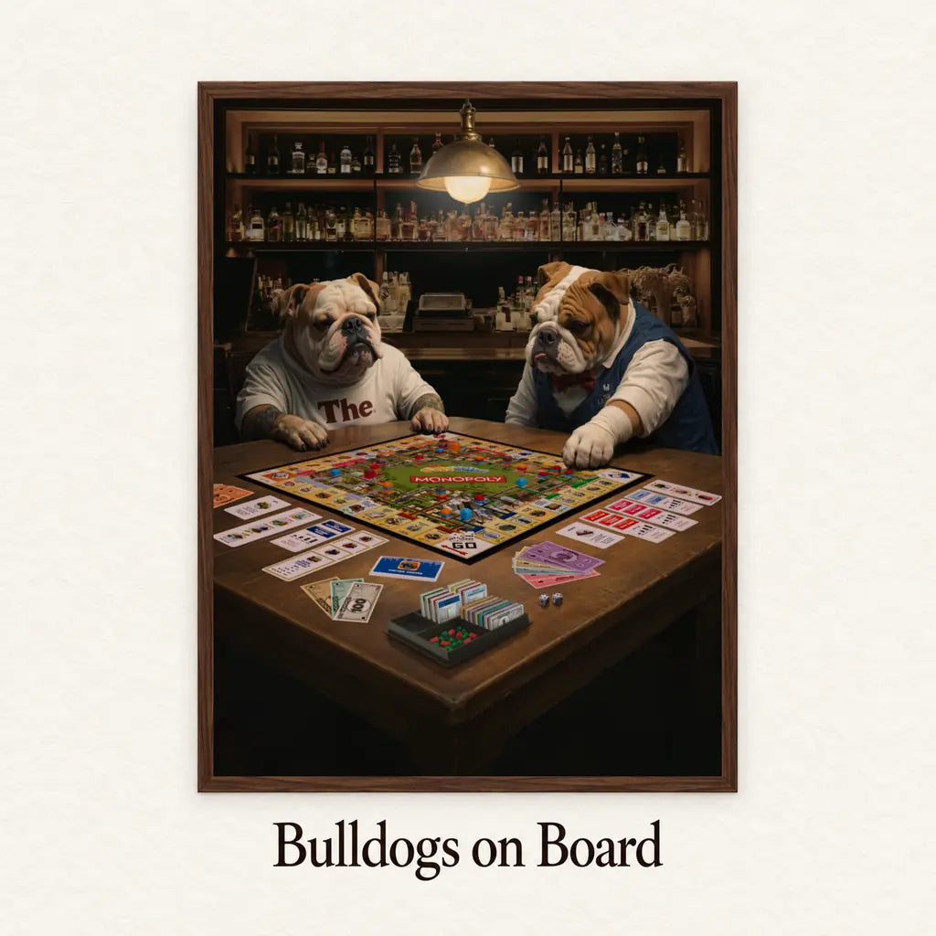 Bulldogs on Board – Original Monopoly bulldogs artwork with product name on textured off-white background