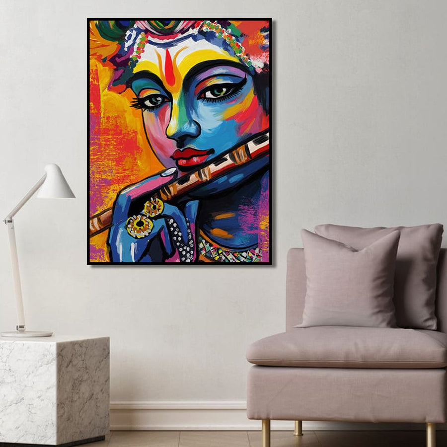 Colorful abstract painting of Krishna Ji on a wall above a modern chair.