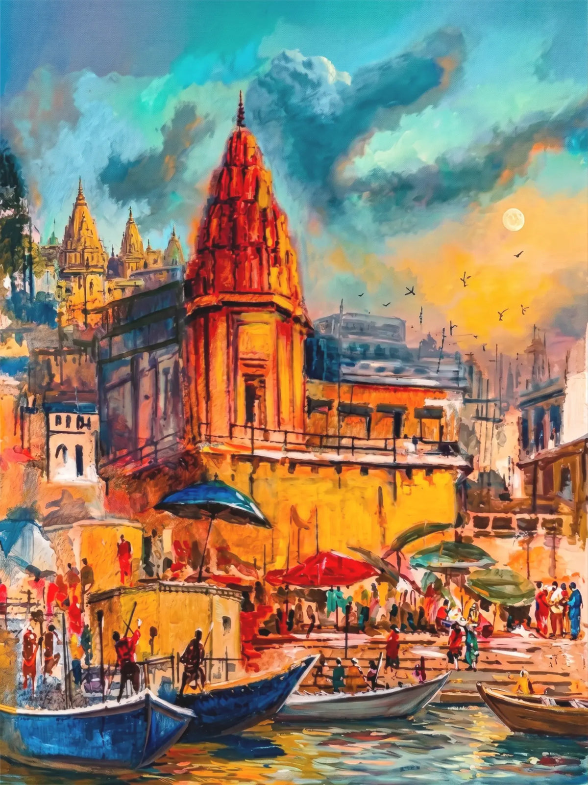 Colours of the Ghats – original riverside temple and boats artwork