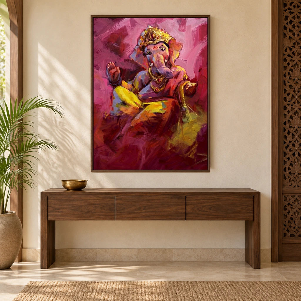 Lord Ganesha - Crimson Grace canvas wall art in a warm contemporary foyer