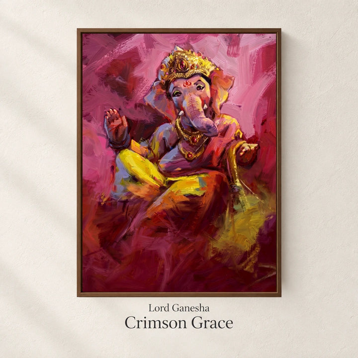 Lord Ganesha - Crimson Grace walnut framed canvas on a textured white background