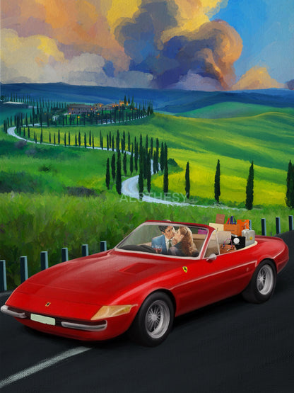 Red convertible car with a couple on a scenic road with green fields and cypress trees.