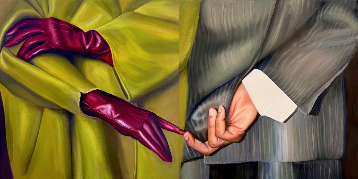 Date Night - Set of 2, lime coat and burgundy gloves on the left, grey pinstripe suit on the right, artwork