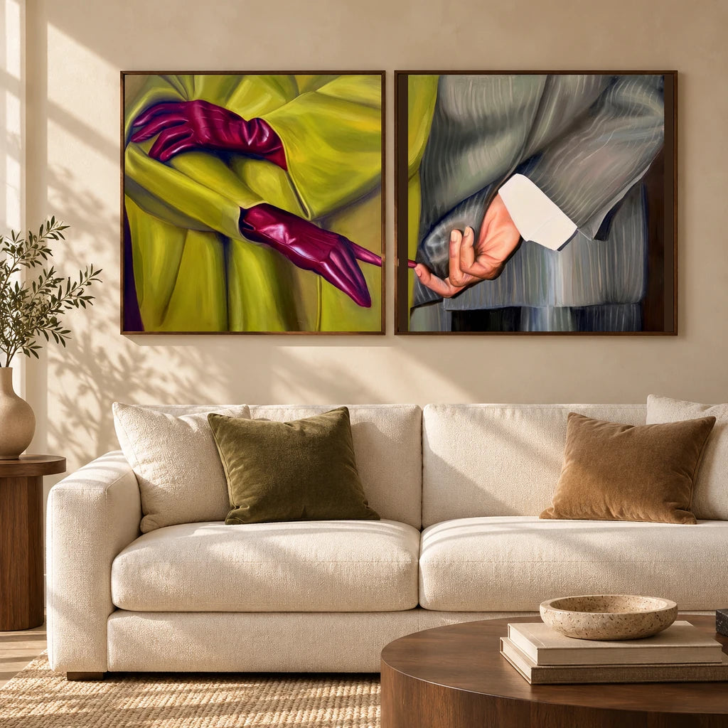 Date Night - Set of 2, lime coat and burgundy gloves on the left, grey pinstripe suit on the right, lifestyle