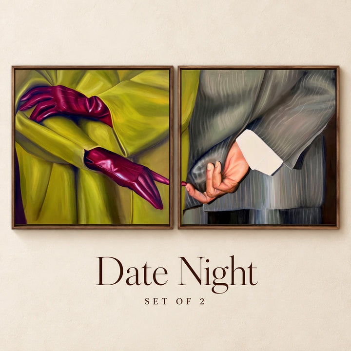Date Night - Set of 2, lime coat and burgundy gloves on the left, grey pinstripe suit on the right, named