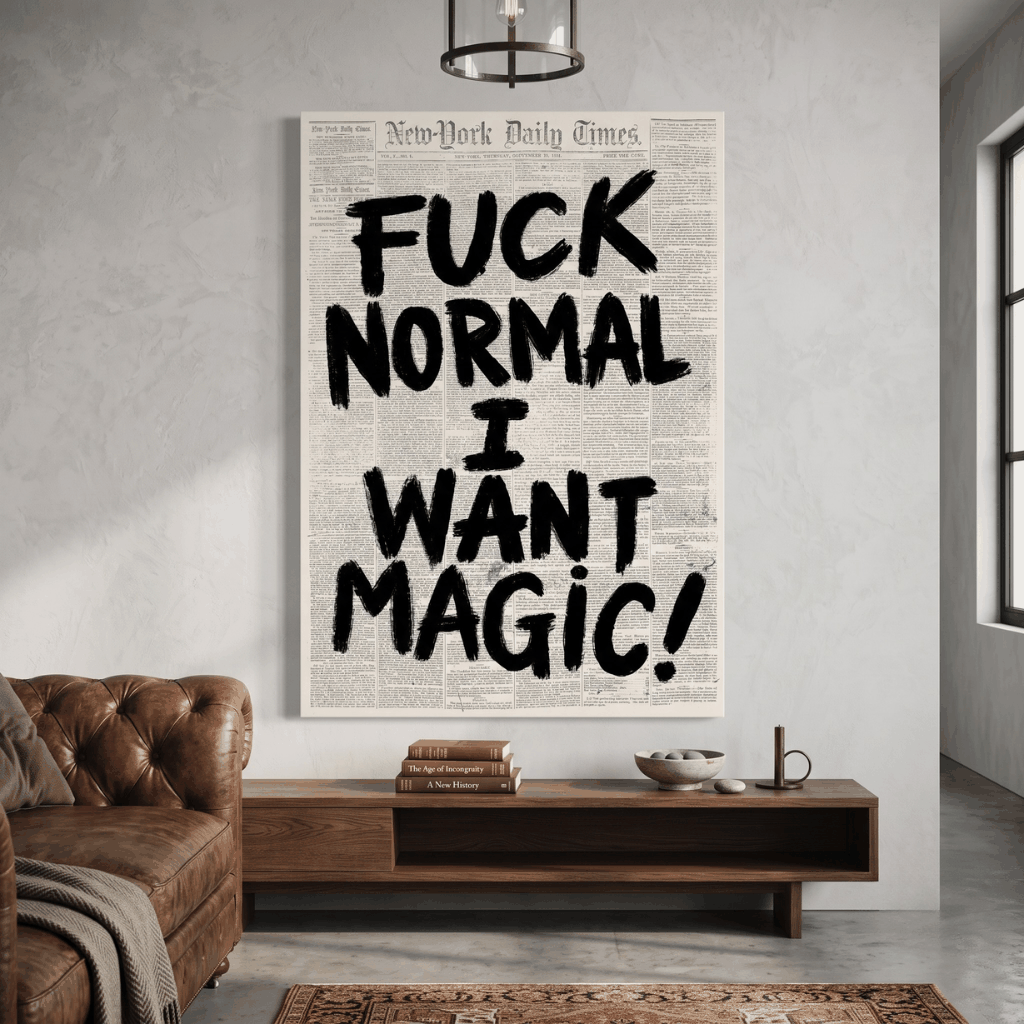 Large canvas print reading "Fuck normal, I want magic!" hanging above a brown leather sofa in a living room.