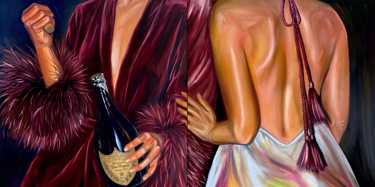 Girls’ Night Out - Set of 2, continuous composition with champagne bottle on the left and satin dress on the right, raw artwork