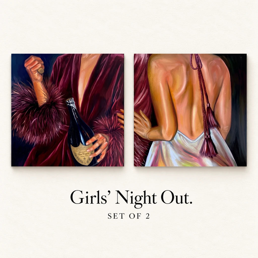 Girls’ Night Out - Set of 2, continuous composition with champagne bottle on the left and satin dress on the right, named mockup