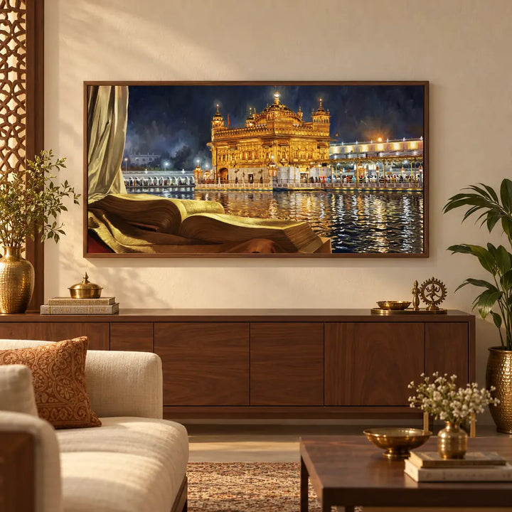 Golden Temple After Dark Vastu canvas wall art in an interior